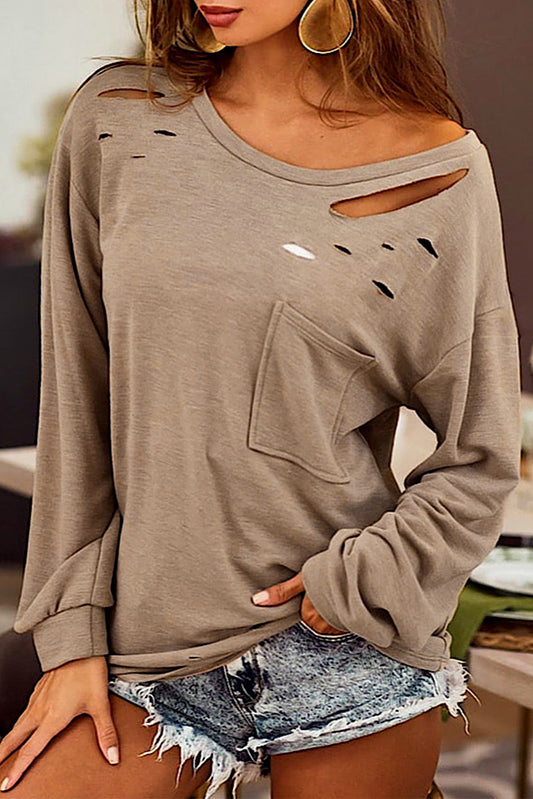 Camel Distressed Pocketed Round Neck Long  Sleeve T-Shirt
