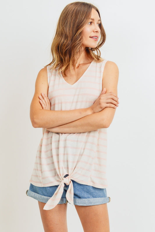 Coral Striped Sleeveless Front Tie Striped Top