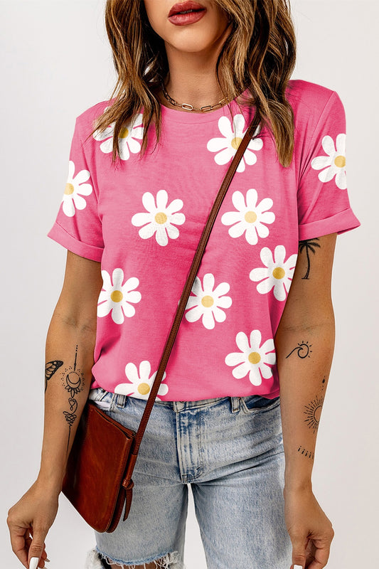 Pink Daisy Print Short Sleeve T-Shirt